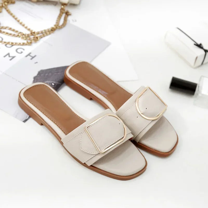 Summer Women Slippers Leather Square Toe Women Flats Flip Flops Designer Ladies Slides Sandals Women Shoes Luxury Sandals