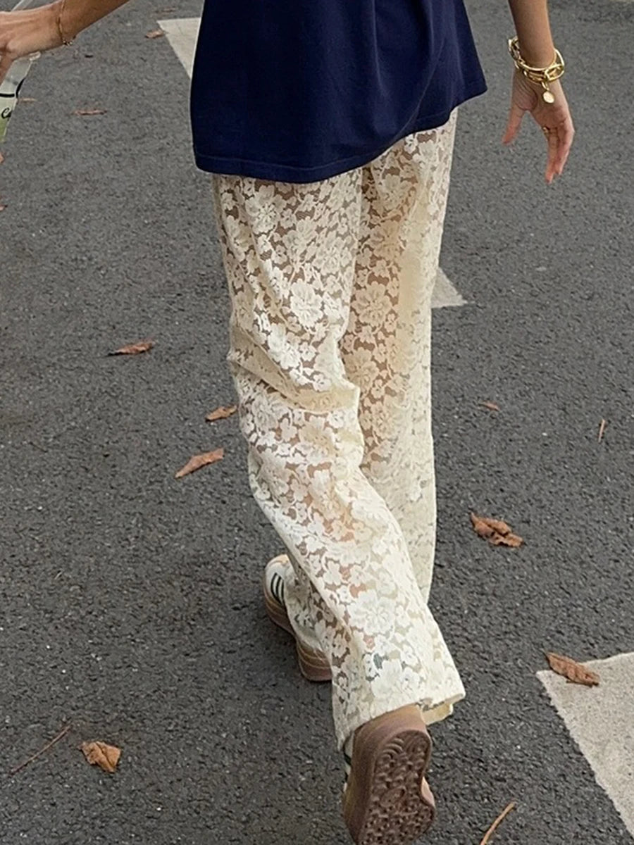 Women Fashion Lace Wide Leg Pants Casual Loose Sheer Lace High Waist Trousers for Work Office Streetwear