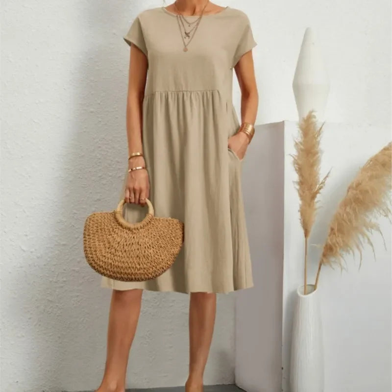 Women's Dresses 2025 Summer Fashion Casual Dresses Women Loose Mid Length Over Knee Dress New Short Sleeve Solid Dress Woman
