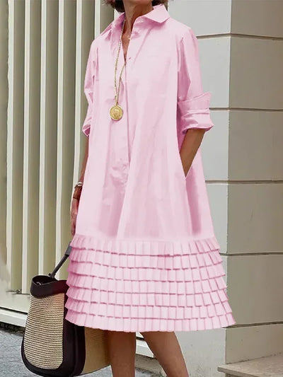 Women’s A-Line Midi Dresses 2024 New Autumn Summer Long Sleeves Layered Pleated Pockets Solid Color Lapel Shirt Dress