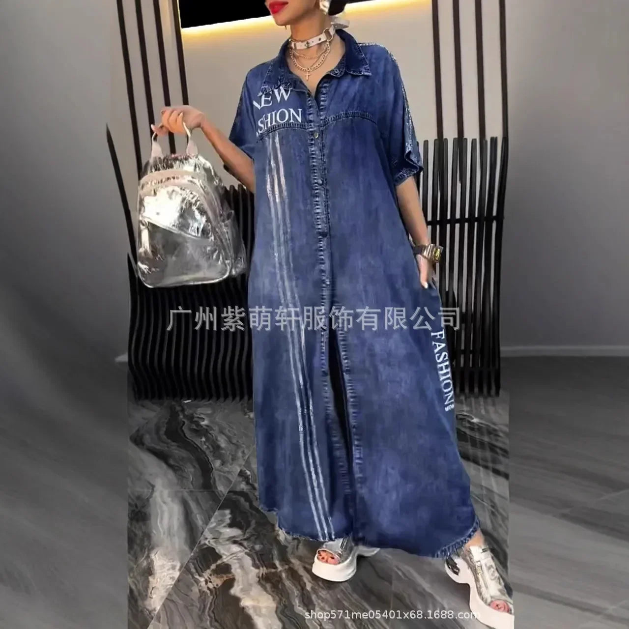 Denim Dress Women Long Dresses Letter Print Vestidos Single Breasted Turn Down Collar Distressed Maxi Gown Summer A Line