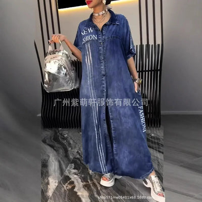 Denim Dress Women Long Dresses Letter Print Vestidos Single Breasted Turn Down Collar Distressed Maxi Gown Summer A Line