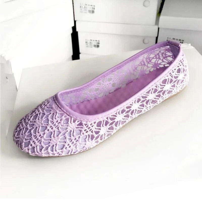 Women Fashion Lace Slip On Cut Outs Bow Ballet Breathable Flats Shoes