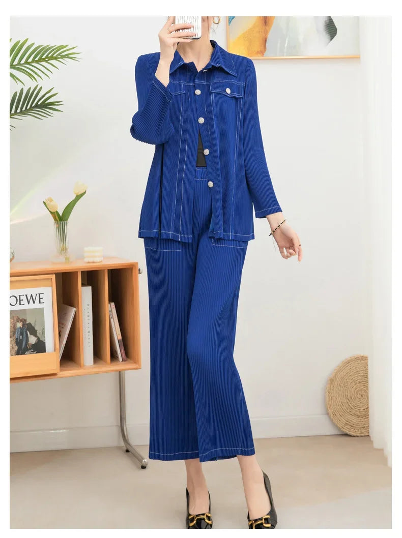 Wrinkle fashion casual suit for women high-end and casual loose fit plus size shirt collar top straight leg pants [20240514]