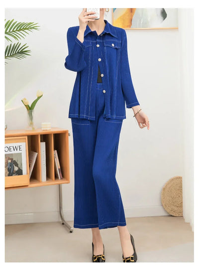 Wrinkle fashion casual suit for women high-end and casual loose fit plus size shirt collar top straight leg pants [20240514]