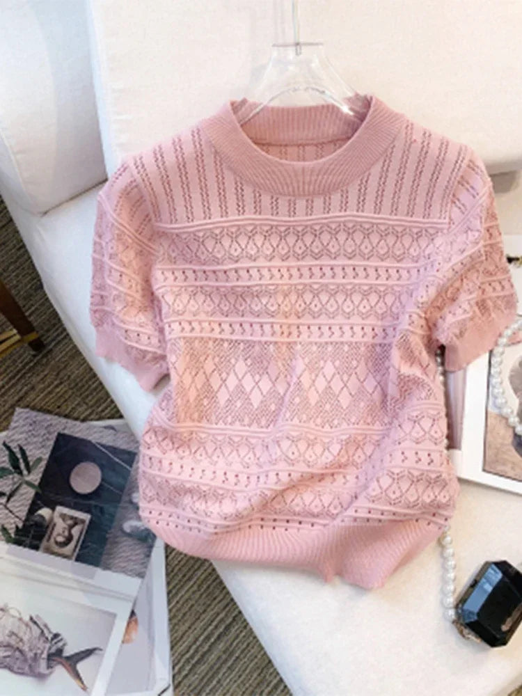 Women's T-Shirts Summer Thin Hollow Out Crew Neck Pullover Sweater Versatile Short Sleeve Knitted Top Women's Clothing