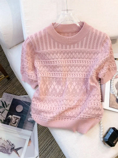 Women's T-Shirts Summer Thin Hollow Out Crew Neck Pullover Sweater Versatile Short Sleeve Knitted Top Women's Clothing