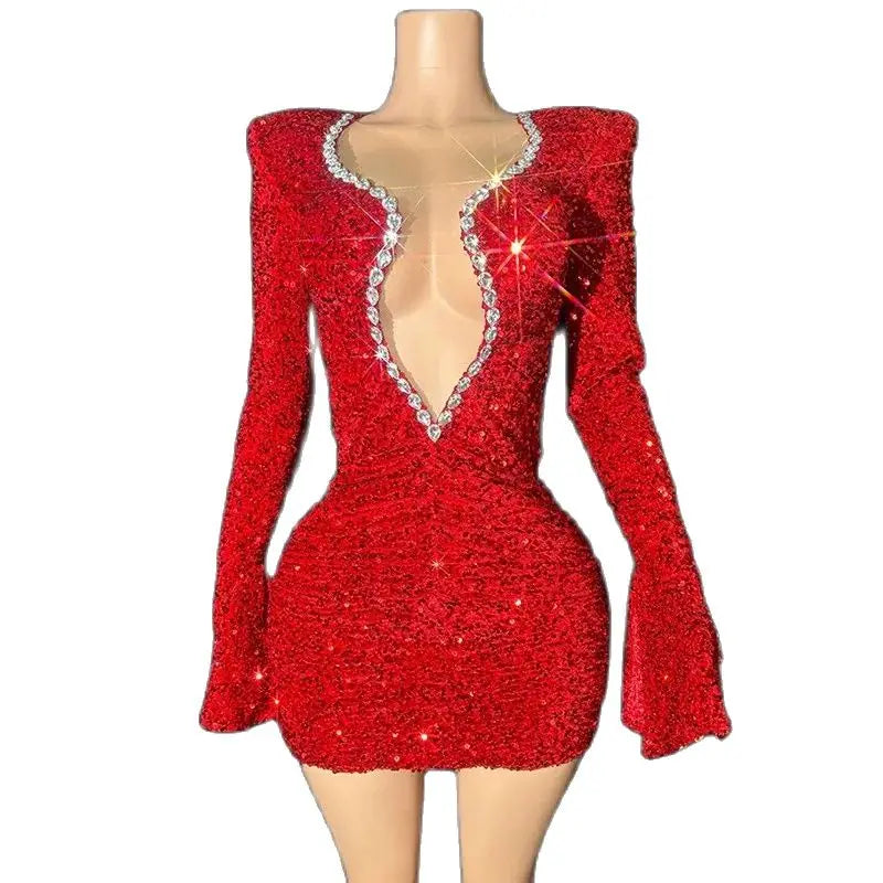 New Women Party Birthday Celebrate Costumes Red Shiny Sequins Evening Party Dress Bar Dj Ds Stage Jazz Dance Outfits ﻿Dress