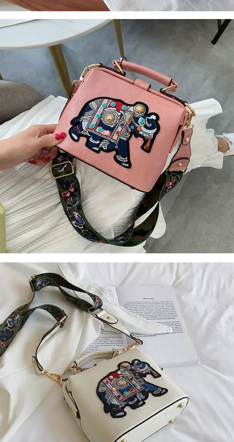 Fashion Women Leather Handbag Messenger Bag Purses Satchels Designer Luxury Handbags Crossbody Bags Elephant Embroidered Bags