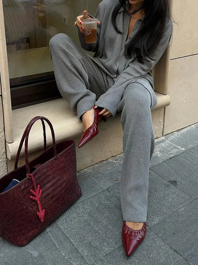 2025 Autumn Street Outfits Knitted Cardigan Pants Sets Women Single Breasted Lapel Sweater High Waist Wide Leg Trousers Suit