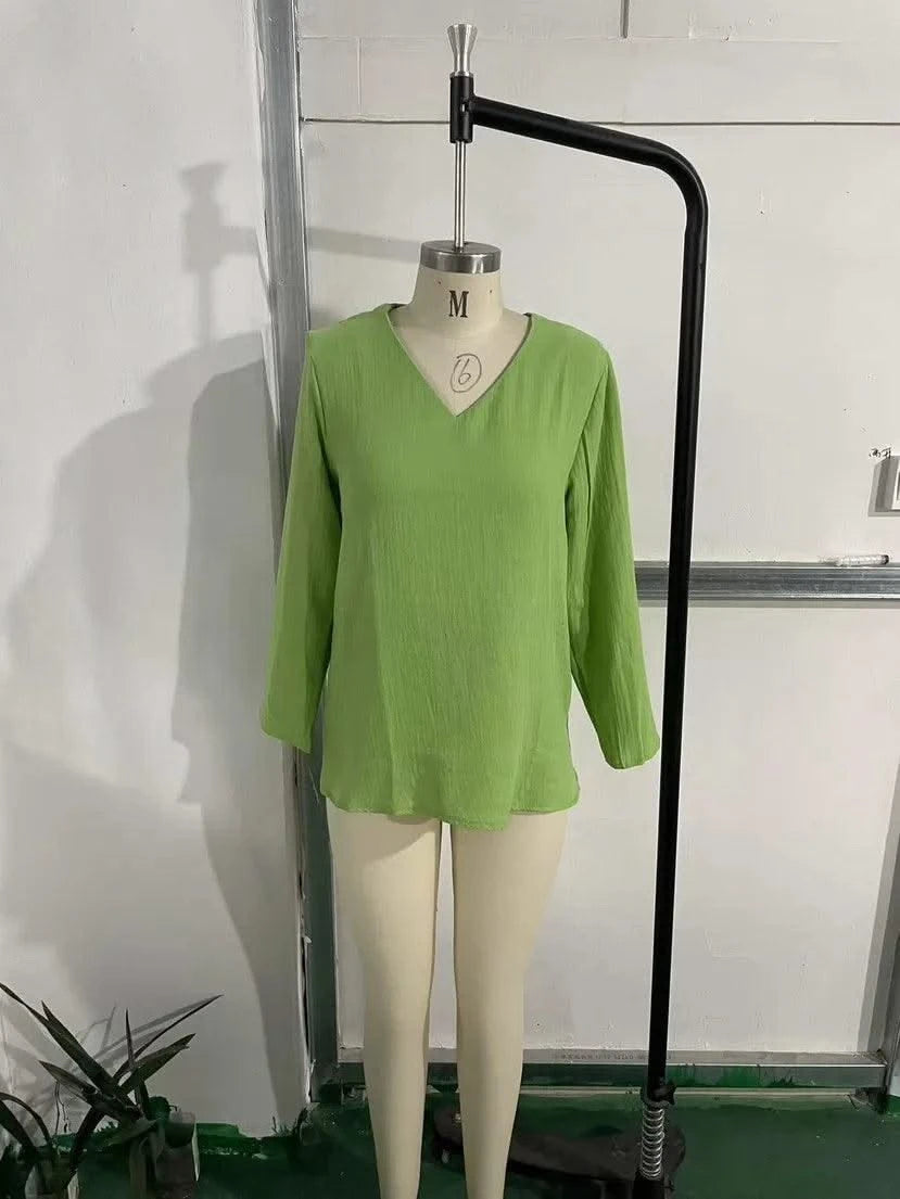 Women Cotton And Linen Top Spring Summer Fashion Casual V-Neck Long Sleeve Loose Pullover Tops Thin Lightweight Comfy Blouse Top