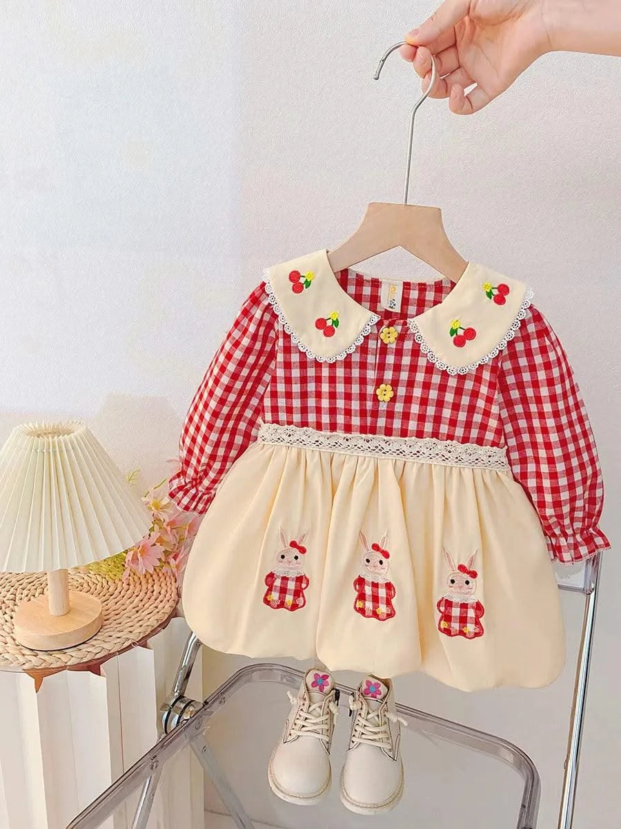 Rabbit Embroidery Cherry Lace Checkered  Peter Pan Collar Dress For Toddler |Girl  1-4Y Infant Girl Princess Dress|New Arrival