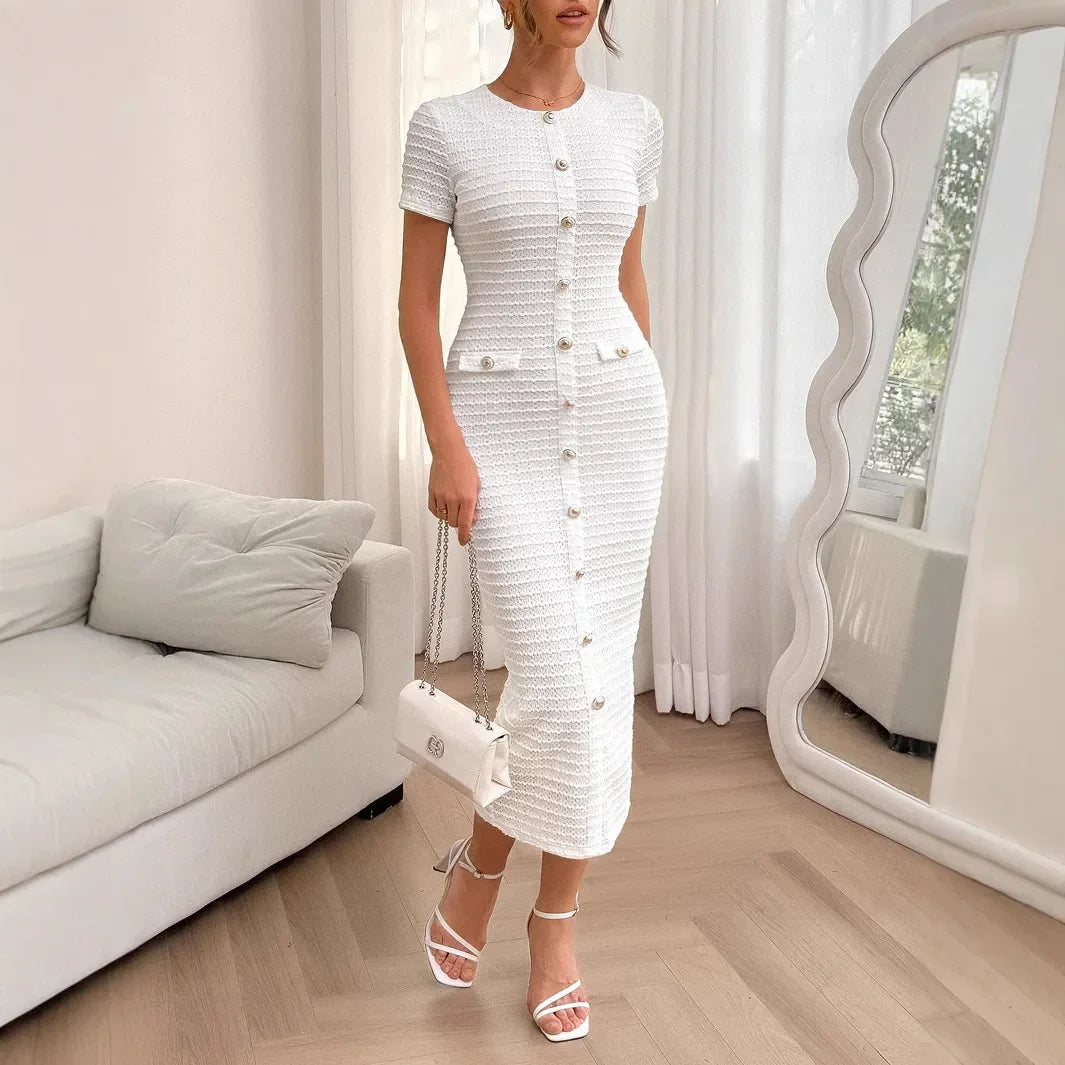 Elegant Dresses for Women Wear Temperament Commuting Female Clothing Summer Women's Fashion High Waist Work Button Slim Dress
