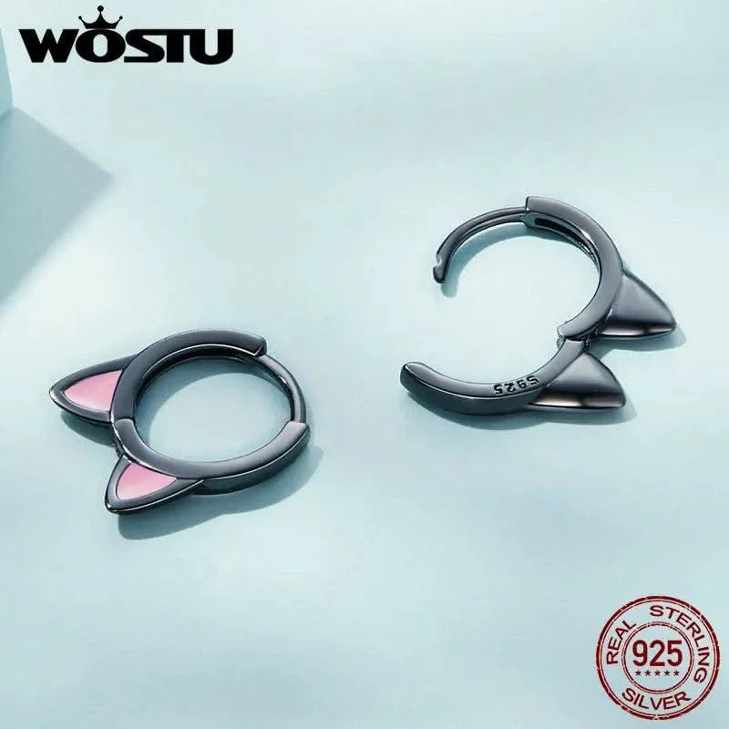 WOSTU Real 925 Sterling Silver Cat Ear Hoop Earrings For Women Lovely Pink Cute Pet Paw Studs Clips Girl Unique Jewelry Gift