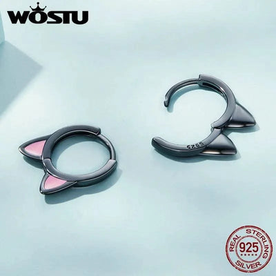 WOSTU Real 925 Sterling Silver Cat Ear Hoop Earrings For Women Lovely Pink Cute Pet Paw Studs Clips Girl Unique Jewelry Gift