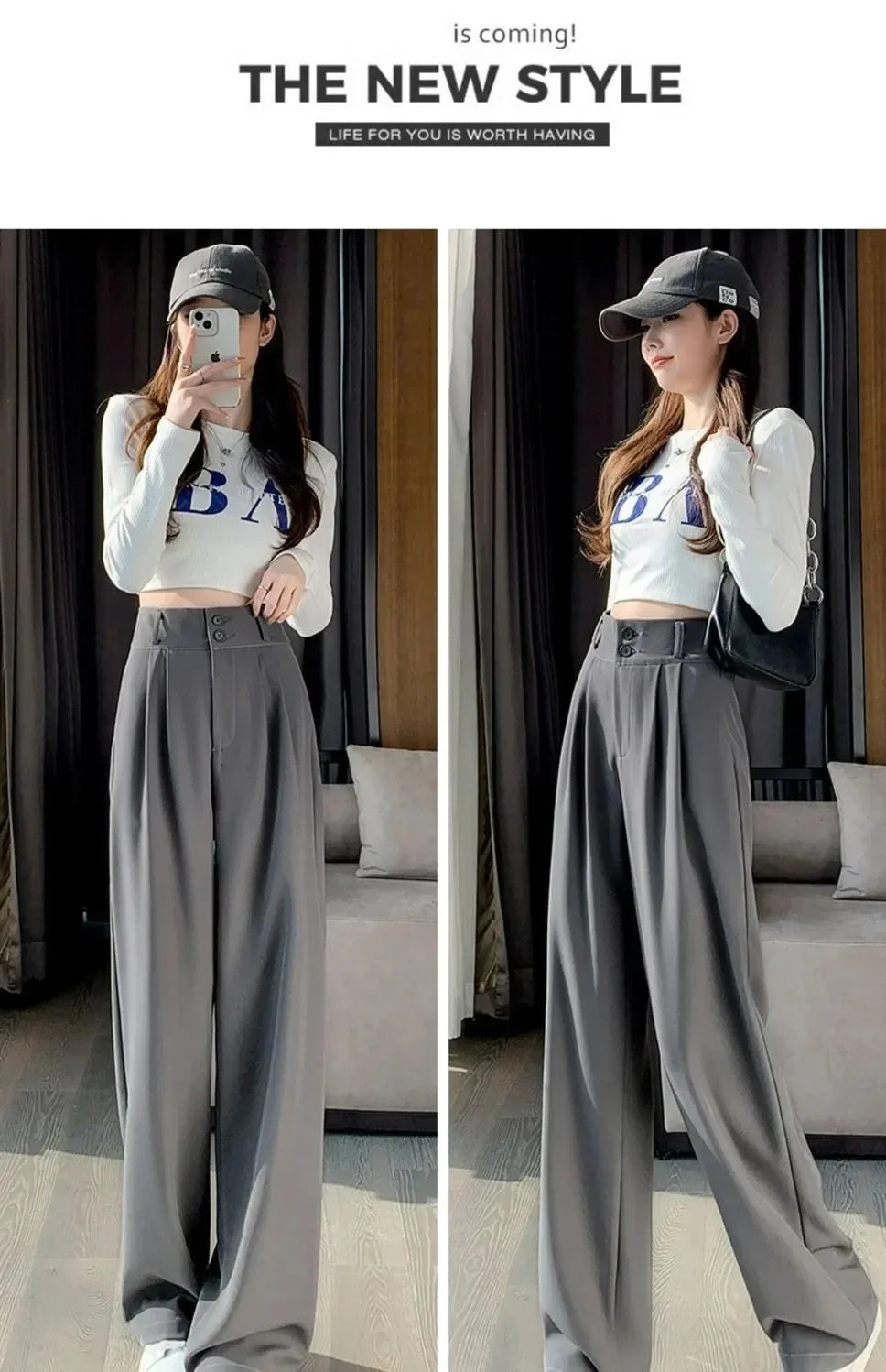 Elegant Wide Leg Pants Women Korean Style High Waist Black Baggy Pants Office Ladies Fashion Loose Suit Trousers Streetwear
