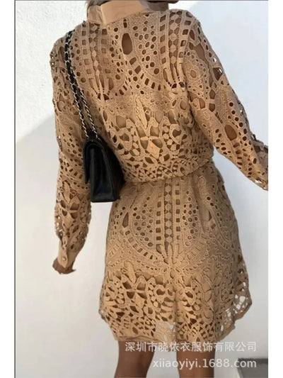 Elegant Shirt Dress Women Sexy Hollow Out Lace Dresses Spring Autumn Button Lace-up Office Lady Mini Dress Female