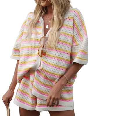 Women Pajamas Set 2 Pieces Loungewear Suits Summer Striped Contrast Color Button Crochet Knit Tops and Shorts Lounge Sets Beach