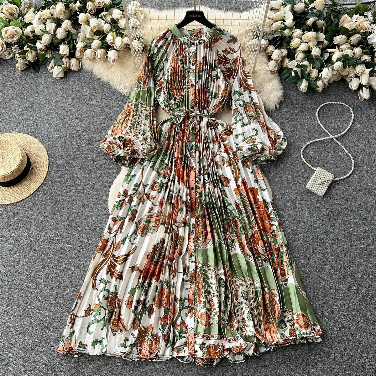Retro Print Elegant Pleated Lantern Long Sleeve O Neck Single Breasted Dress A-line  Casual High Waist Women Summer Dresses