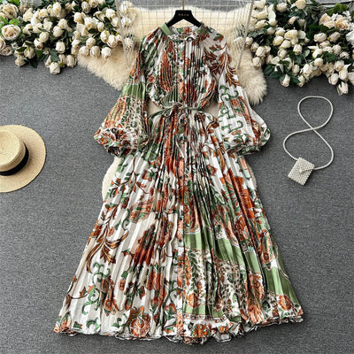 Retro Print Elegant Pleated Lantern Long Sleeve O Neck Single Breasted Dress A-line  Casual High Waist Women Summer Dresses