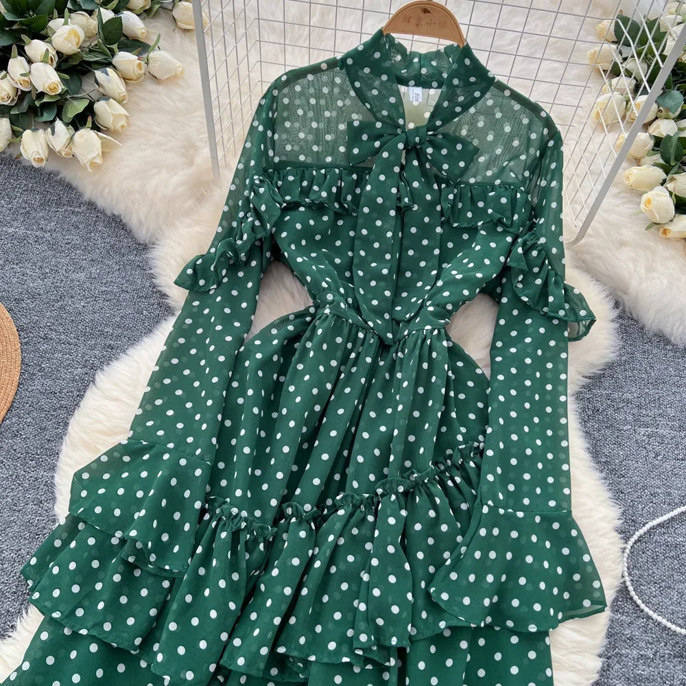 Dot Dress Women Long Dresses Print Chiffon Lace Up Flare Sleeve A Line Vestidos Streetwear Elegant Splice Y2k High Waist Party