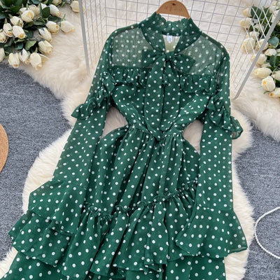 Dot Dress Women Long Dresses Print Chiffon Lace Up Flare Sleeve A Line Vestidos Streetwear Elegant Splice Y2k High Waist Party