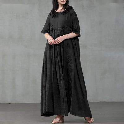 Summer Dresses Women 2023 Casual Fashion Solid Color Round Neck Pleated Cotton Linen Long Dress Elegant Dresses for Women Robe