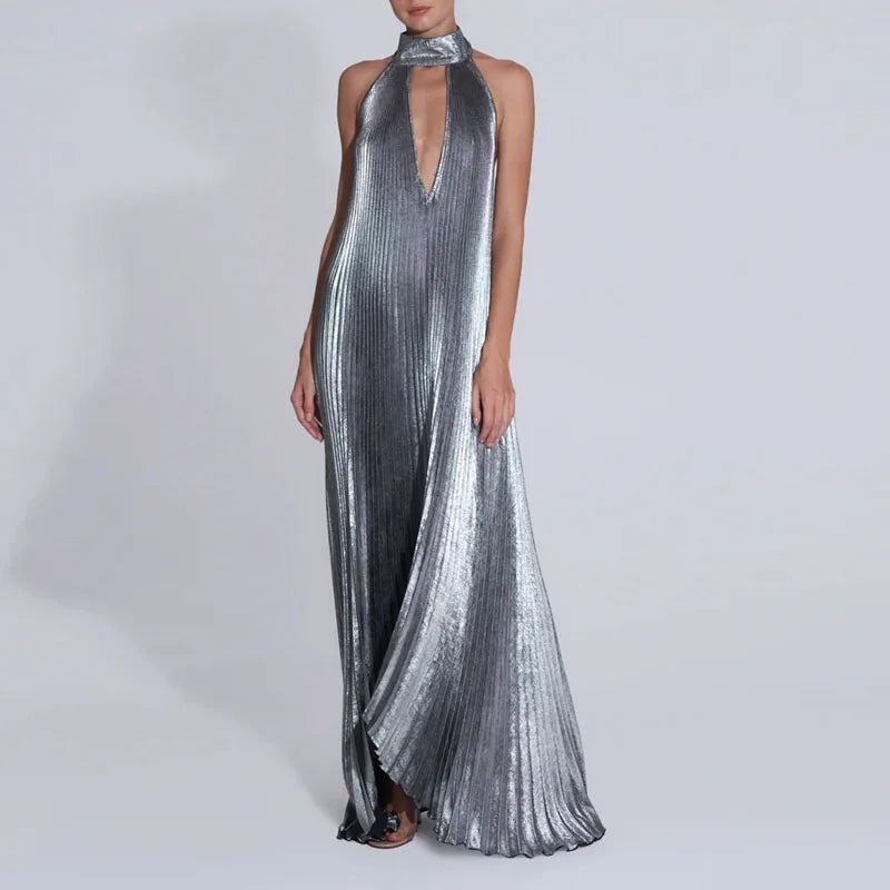 Women Sexy Dresses 2025 Spring Halter Tie-up Backless Hollow Evening Dresses New Summer Solid Loose Pleated Irregular Long Dress