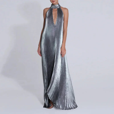 Women Sexy Dresses 2025 Spring Halter Tie-up Backless Hollow Evening Dresses New Summer Solid Loose Pleated Irregular Long Dress