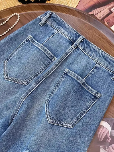 Summer Women Lace Floral Embroidery Wide Leg Denim Pants Spliced Loose Fit High Waist Hollow Out Jeans Streetwear Long Trousers