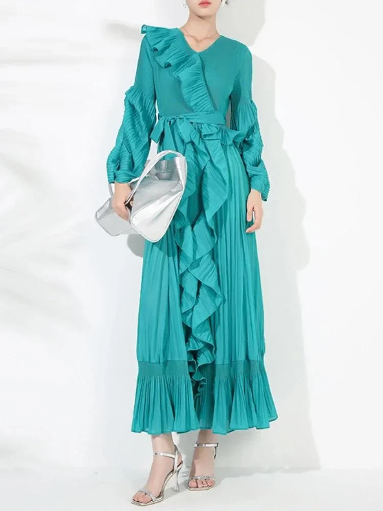 Women's V Neck Ruffles Splice Lantern Sleeve High Stretch Oversized Dresses Miyake Maxi Pleated 2025 Spring Long Party Clothing