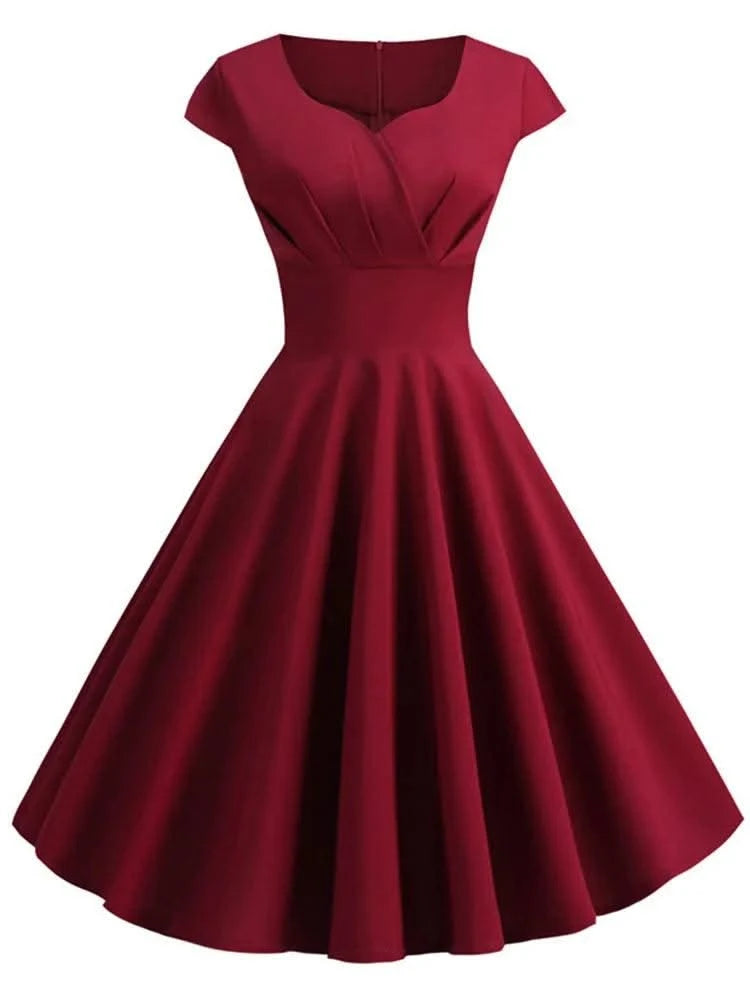 Women Vintage Pin Up Summer Dress | Casual Retro Elegant Midi Sundress |Hepburn Rockabilly Party Dress