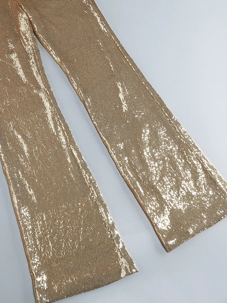 Women's Sleeveless Gold Sequin Jumpsuit Sexy V Neck Sparkle Sequined High Waist Wide Leg Pants Jumpsuit Celebrity Evening Party