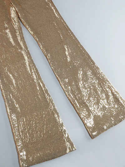 Women's Sleeveless Gold Sequin Jumpsuit Sexy V Neck Sparkle Sequined High Waist Wide Leg Pants Jumpsuit Celebrity Evening Party