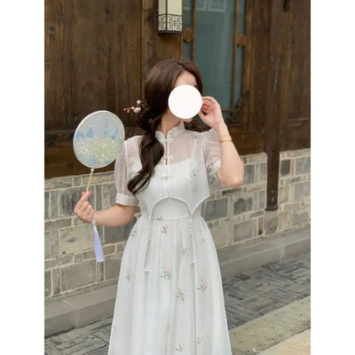 Dress Sets Summer Women Chinese Style Floral Hight Waist Mesh Midi Dresses Elegant Casual Gentle Wind Female Dress Vestidos