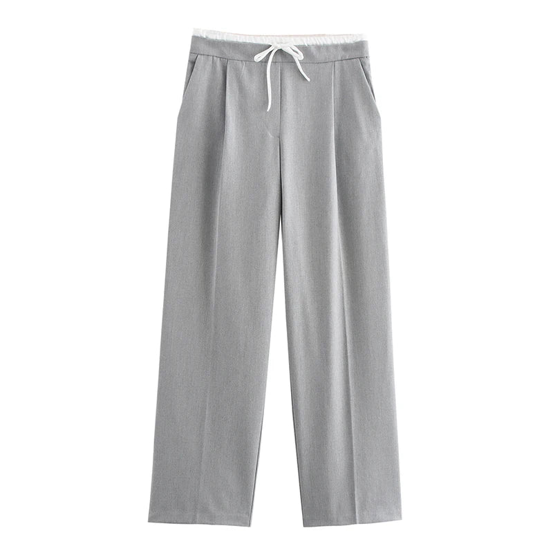 Wide Leg Pants For Women Straight Autumn Coffee Tie Up Casual Trousers Women Gray Loose Pants Ladies Black Trousers Office