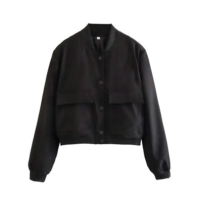 Women Fashion Solid Bomber Jackets Coat With Pockets V-Neck Single Breasted