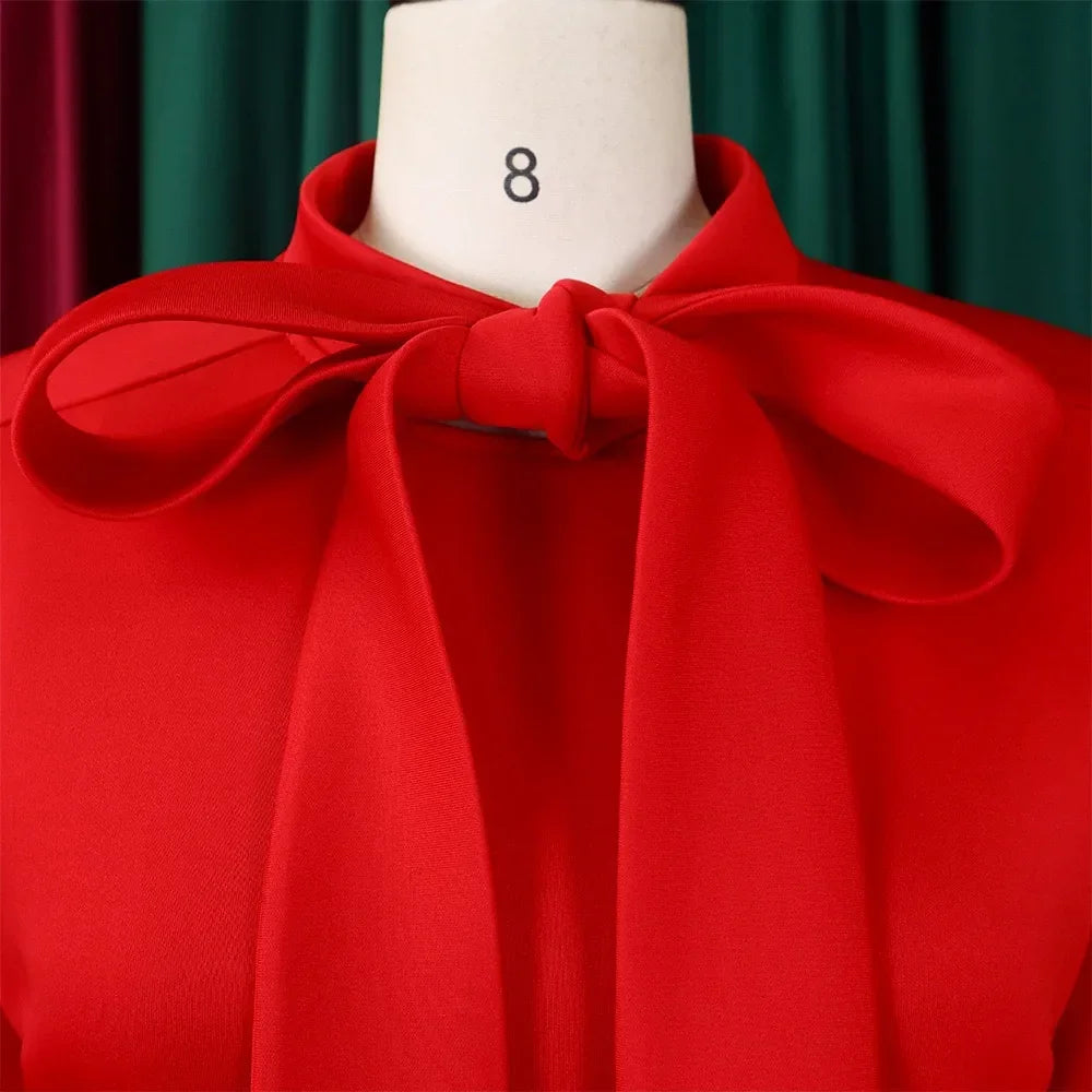Elegant Dresses for Women Bow Collar Full Sleeve High Waisted Pleated Mid Calf Luxury Birthday Party Dinner Vestidos Mujer Dress