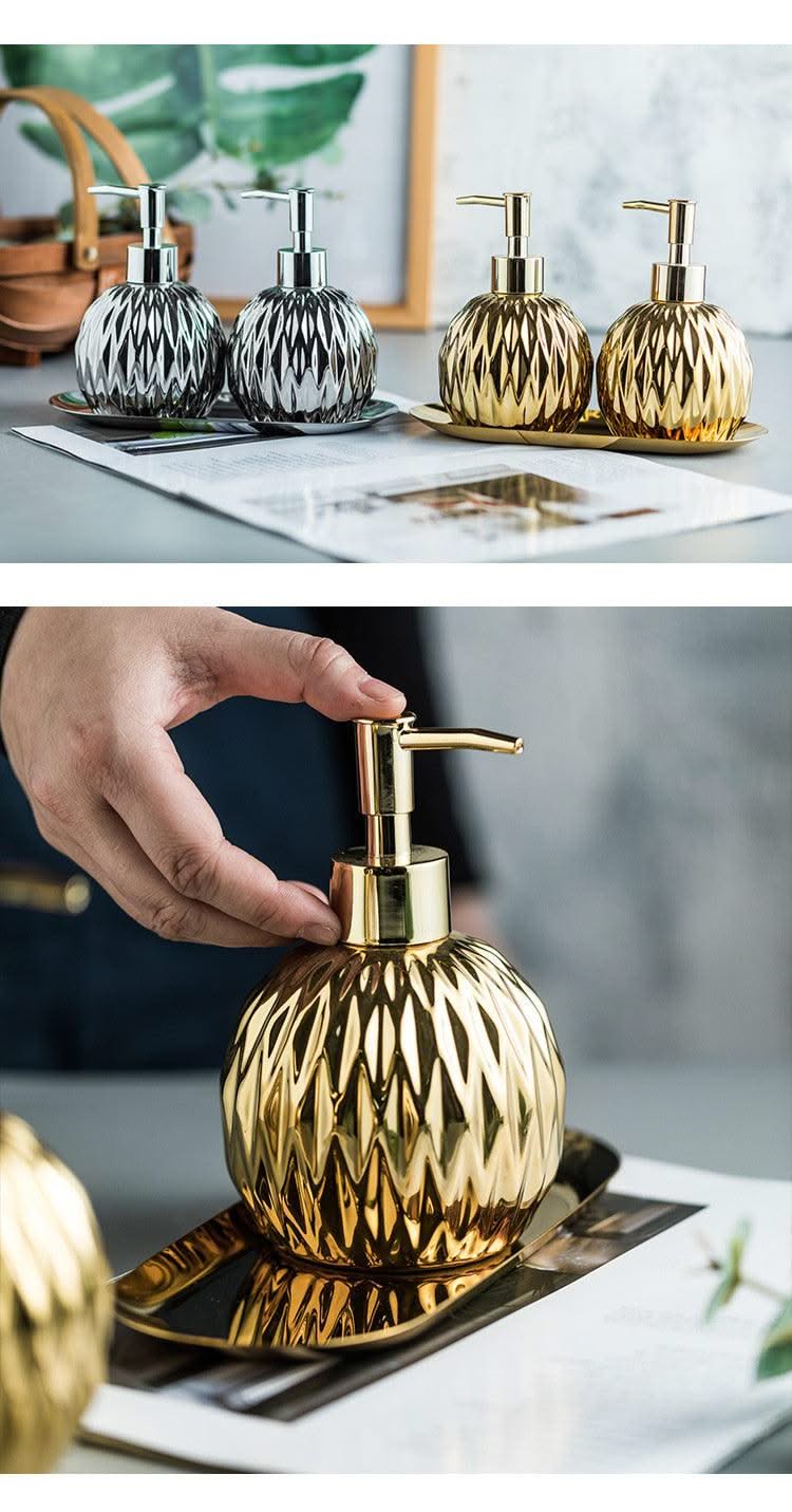 Luxury Gold Soap Dispenser with Press handle  Ceramic Dispenser Silver Dispenser with stainless steel Tray Bathroom Accessory