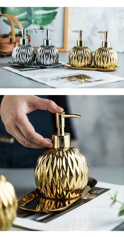 Luxury Gold Soap Dispenser with Press handle  Ceramic Dispenser Silver Dispenser with stainless steel Tray Bathroom Accessory