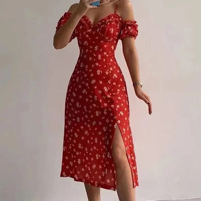 Ruffle Floral Party Sexy Dress Women Summer Elegant Sling Off Shoulder Dresses Female V Neck  Slim Maxi Printed Dress Robe 21764