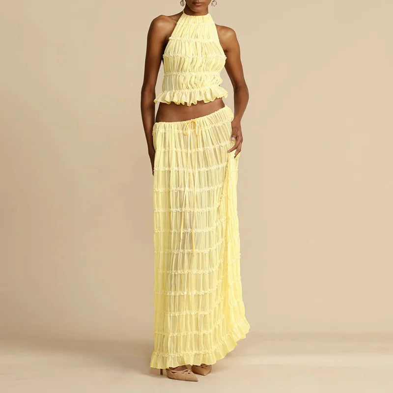 2025 Women Summer Loungewear Suits, Halter Short Top Maxi Skirts 2PCS Matching Sets, White Color Fashion Backless Ladies Outfit