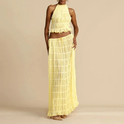 2025 Women Summer Loungewear Suits, Halter Short Top Maxi Skirts 2PCS Matching Sets, White Color Fashion Backless Ladies Outfit