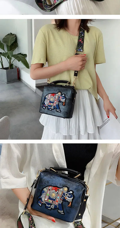 Fashion Women Leather Handbag Messenger Bag Purses Satchels Designer Luxury Handbags Crossbody Bags Elephant Embroidered Bags