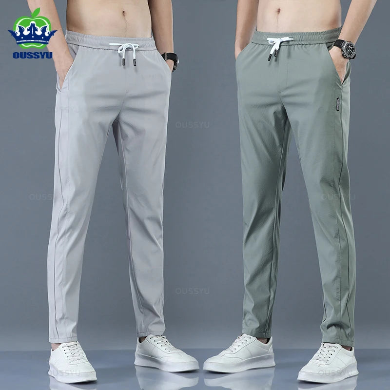 2025 Men's Trousers Spring Summer New Thin Green Solid Color Fashion Pocket Applique Full Length Casual Work Pants Pantalon