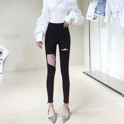 Skinny Pencil Slim Fit Women's Ripped Jeans 90s South Korea Cheap Summer Cowboy Pants for Woman Korean Fashion Xxl Torn Trousers