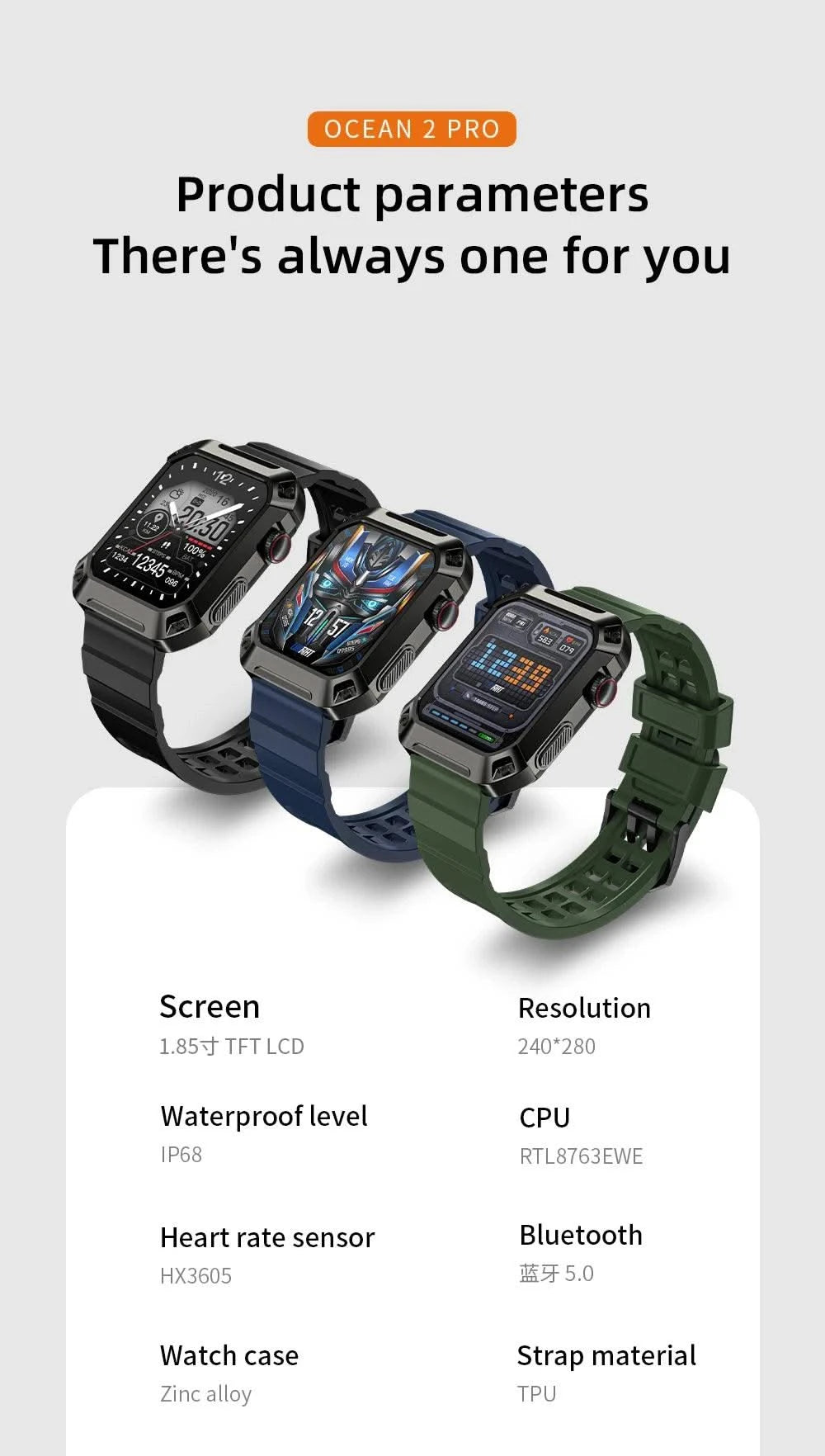 LOKMAT OCEAN 2 Pro Smart Watch Waterproof Bluetooth Calls Smartwatches 1.85 inch Touch Screen Heart Rate Monitor Fitness Tracker