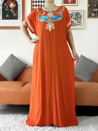New Dubai Lady Party Summer Solid Cotton Dress with Scarfs African Dashiki Women Maxi Cotton Embroider Loose Vestidos