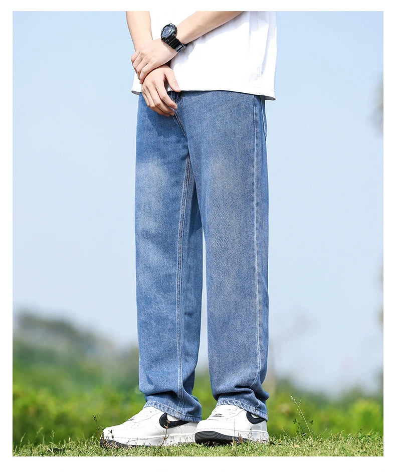 Men's Straight-Leg Jeans, Minimalist for All Seasons, Loose with Drape, Narrow-Wide Leg, Retro Casual Long Pants, Sizes 28-38