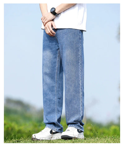 Men's Straight-Leg Jeans, Minimalist for All Seasons, Loose with Drape, Narrow-Wide Leg, Retro Casual Long Pants, Sizes 28-38